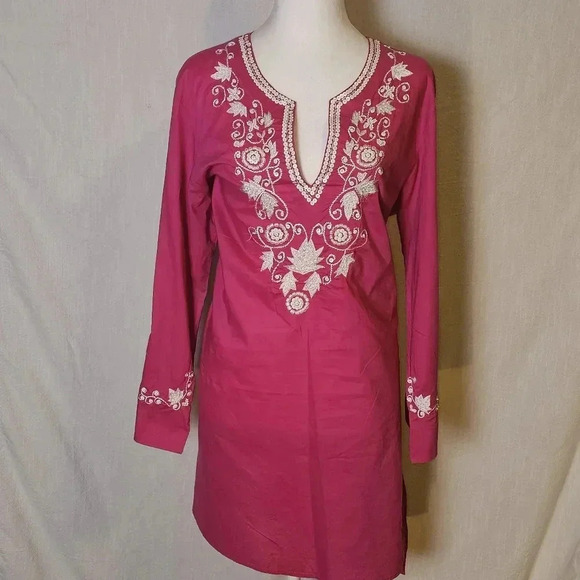 Natori Pink Long Sleeve Boho Sequin/Embroidered Hippie Tunic Top SZ L - Picture 1 of 10